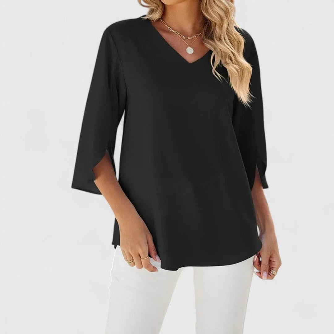 Dames Elegante Ruches V-hals Blouse Driekwart Mouw - Classic Black