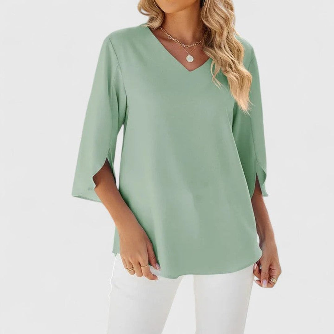 Dames Elegante Ruches V-hals Blouse Driekwart Mouw - Classic Green