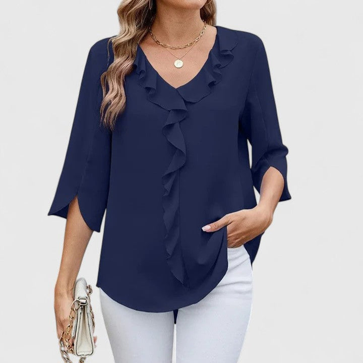 Dames Elegante Ruches V-hals Blouse Driekwart Mouw - Blue