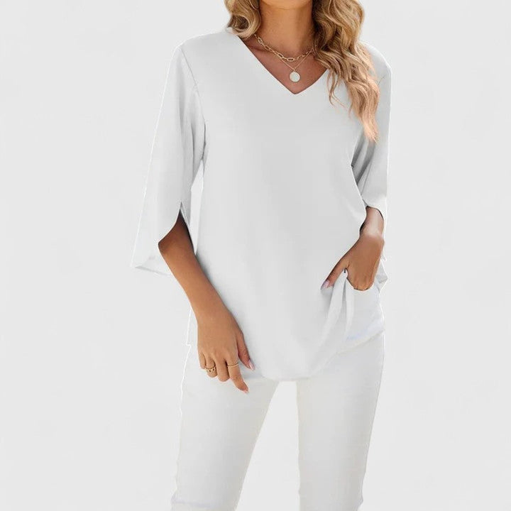 Dames Elegante Ruches V-hals Blouse Driekwart Mouw - Classic White