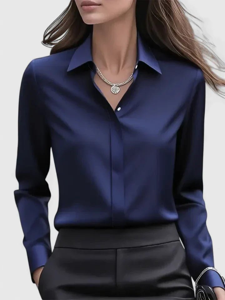 Dames Elegante Satijn Blouse Verborgen Knoopsluiting - Navy Blue