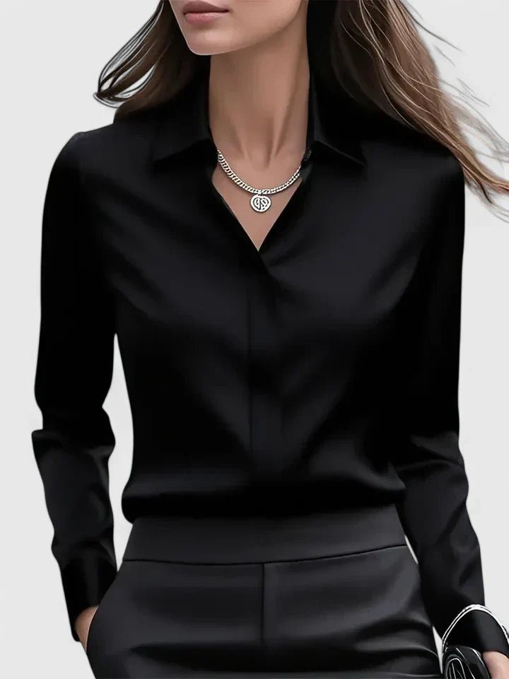 Dames Elegante Satijn Blouse Verborgen Knoopsluiting - Black