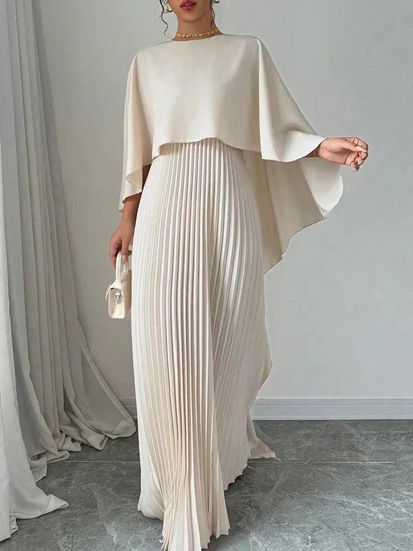 Dames Elegante Satin Cape Geplisseerde Maxi Jurk - Ivory