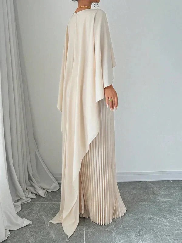 Dames Elegante Satin Cape Geplisseerde Maxi Jurk