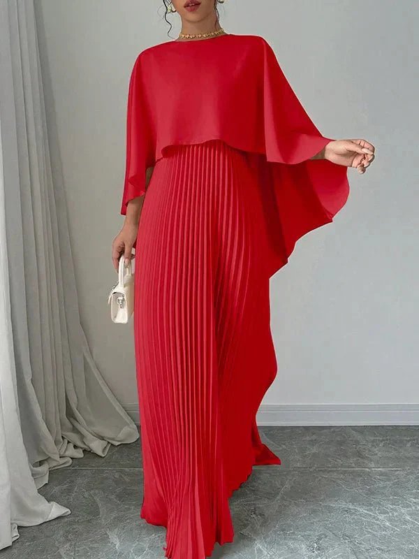 Dames Elegante Satin Cape Geplisseerde Maxi Jurk - Red