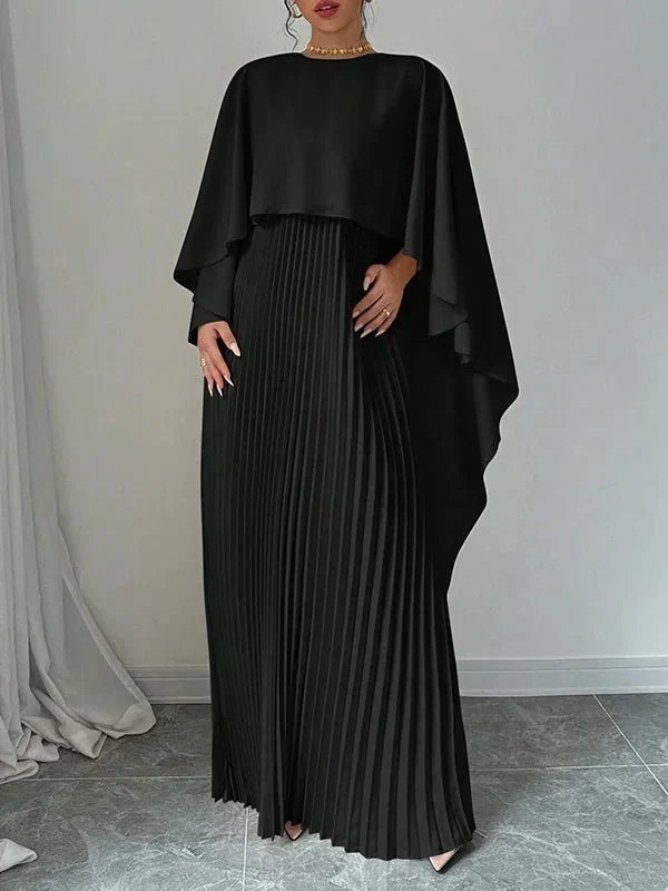 Dames Elegante Satin Cape Geplisseerde Maxi Jurk - Black