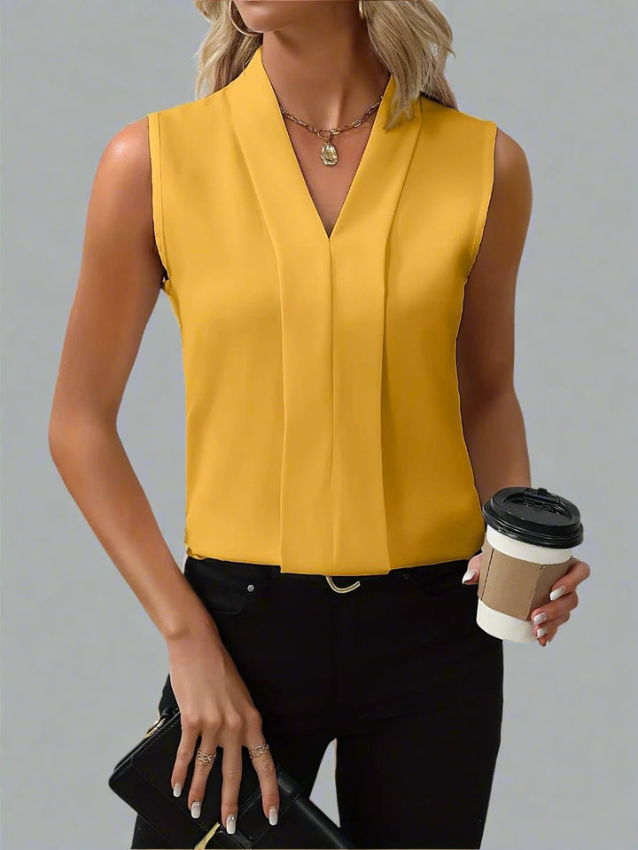 Dames Elegante Satin Mouwloze V-Hals Blouse - Yellow