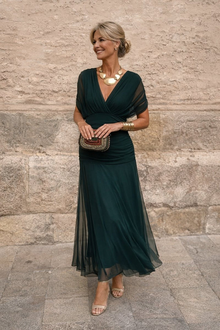 Dames Elegante V-hals Chiffon Cocktail Party Dress Maxi - Flessengroen