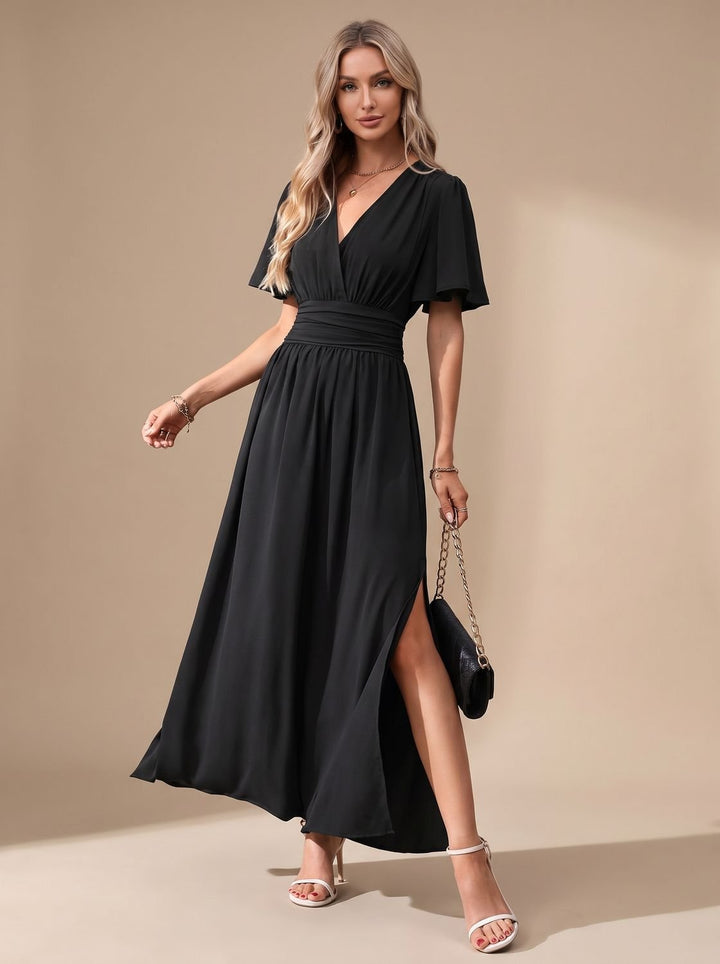 Dames Elegante V-hals Maxi-jurk met Vlindermowen en Splitdetail