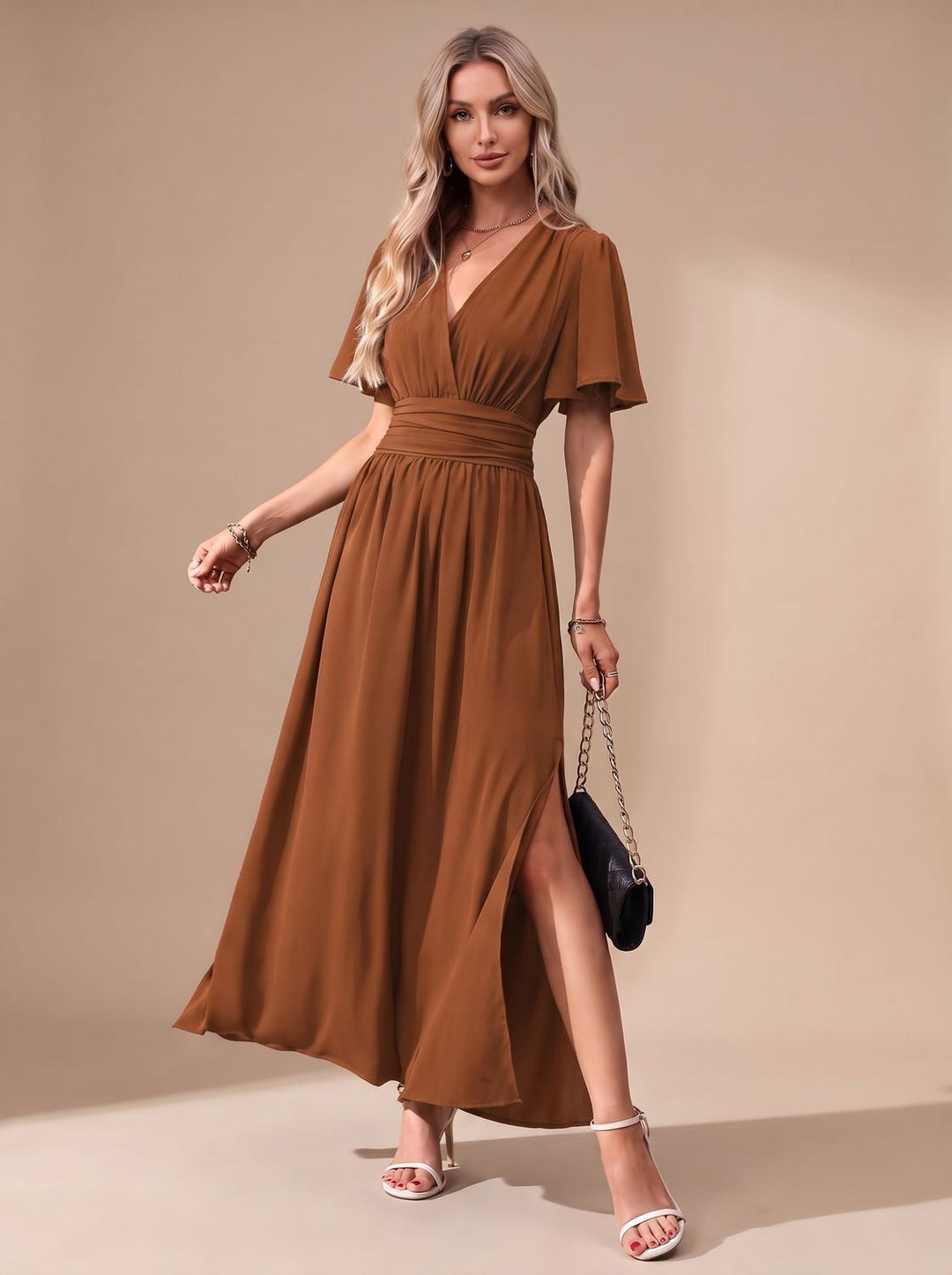 Dames Elegante V-hals Maxi-jurk met Vlindermowen en Splitdetail - Karamel