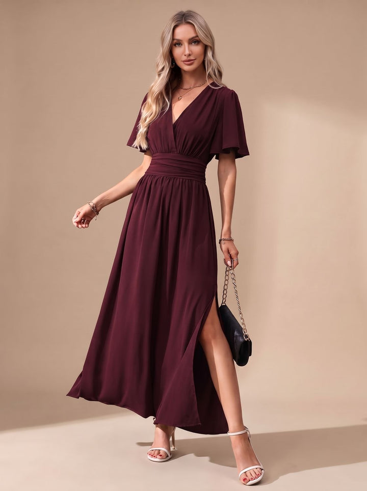 Dames Elegante V-hals Maxi-jurk met Vlindermowen en Splitdetail