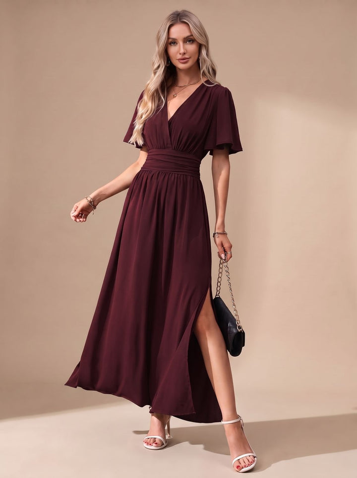 Dames Elegante V-hals Maxi-jurk met Vlindermowen en Splitdetail - Bordeaux