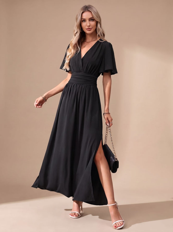 Dames Elegante V-hals Maxi-jurk met Vlindermowen en Splitdetail - Zwart