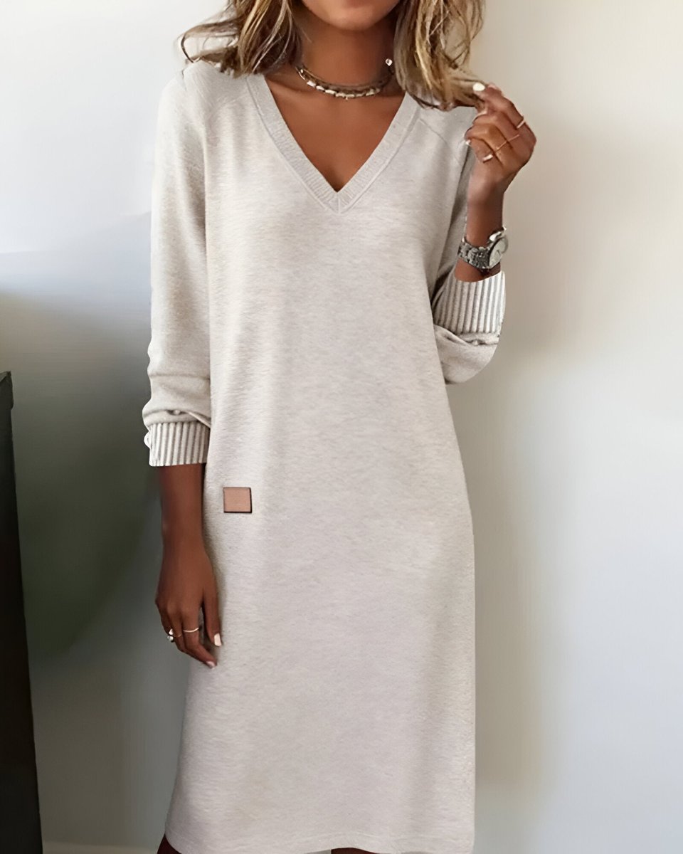 Dames Elegante V-hals Midi Formal Dress Lange Mouw - Wit