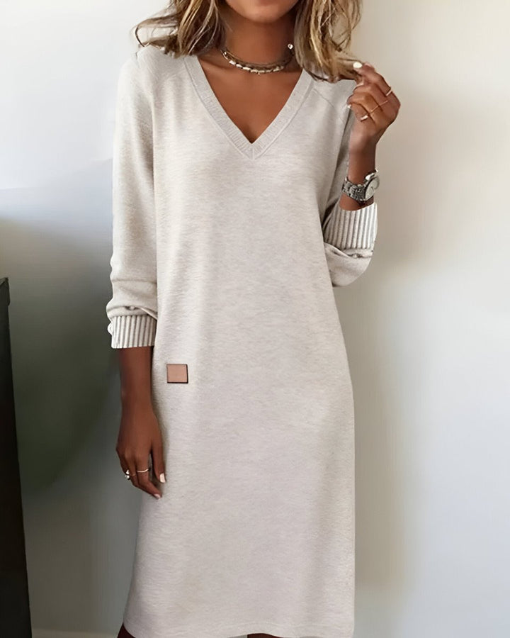 Dames Elegante V-hals Midi Formal Dress Lange Mouw - Wit