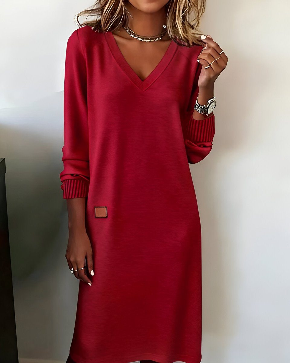 Dames Elegante V-hals Midi Formal Dress Lange Mouw - Rood