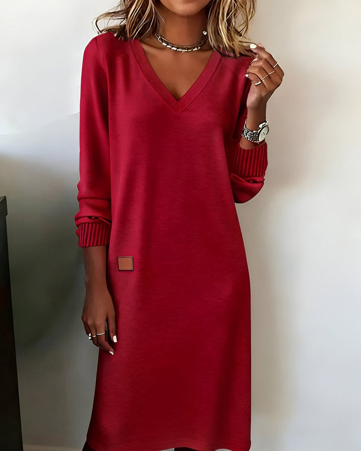 Dames Elegante V-hals Midi Formal Dress Lange Mouw - Rood