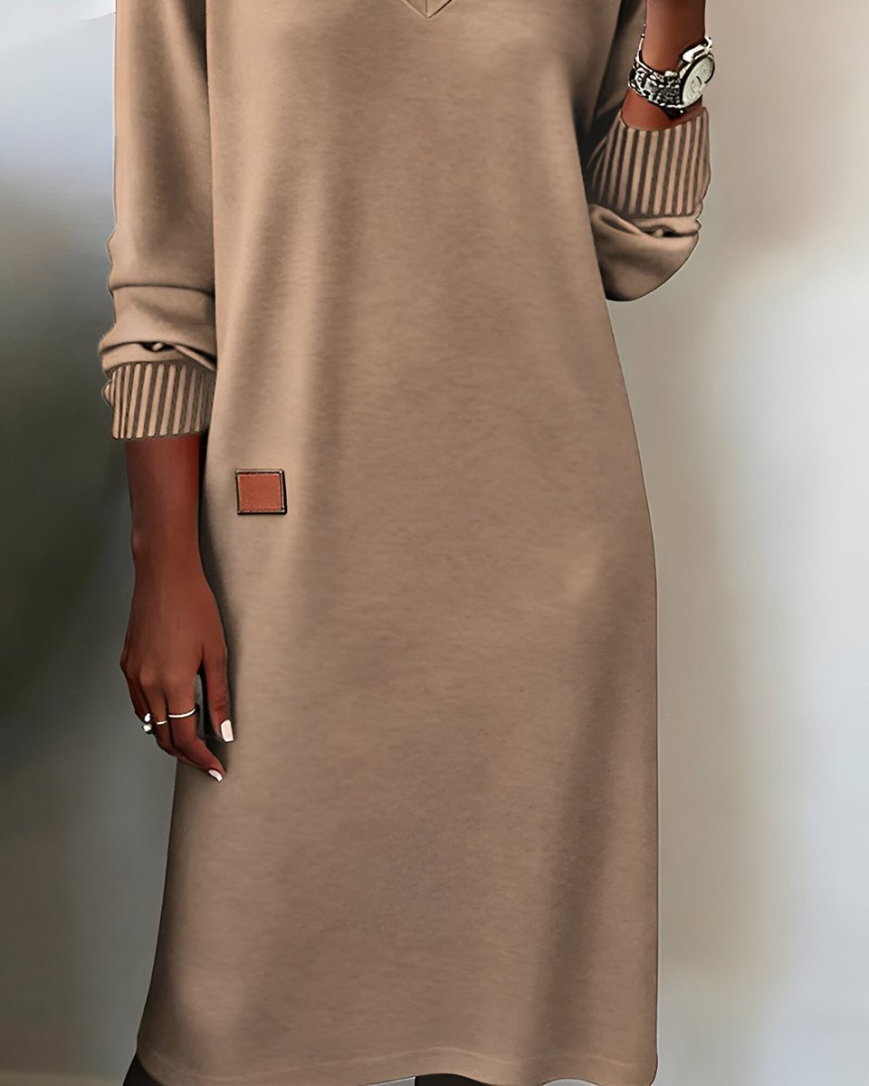 Dames Elegante V-hals Midi Formal Dress Lange Mouw