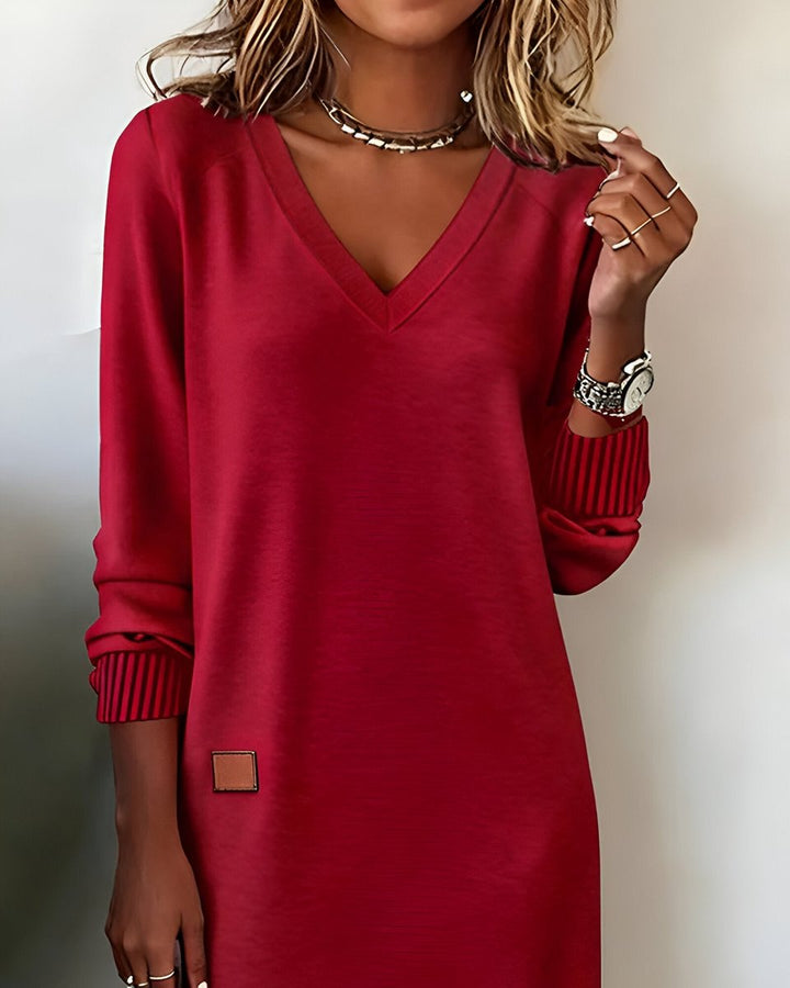 Dames Elegante V-hals Midi Formal Dress Lange Mouw