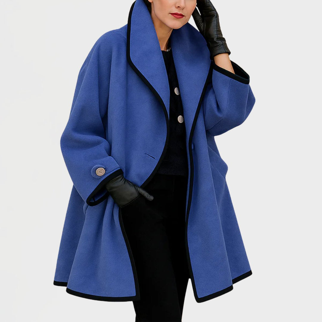 Dames Elegante Wijdvallende Wollen Women Coat Contrastbiezen - Blauw