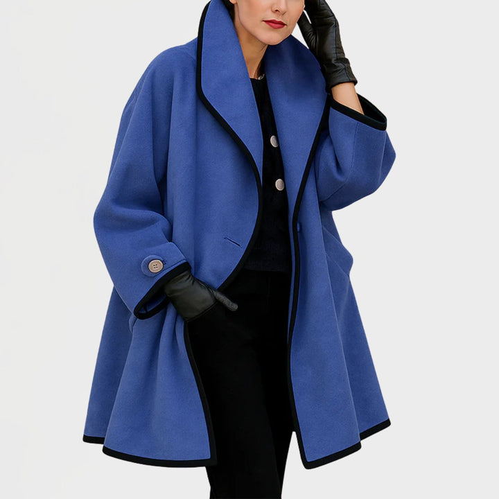 Dames Elegante Wijdvallende Wollen Women Coat Contrastbiezen - Blauw