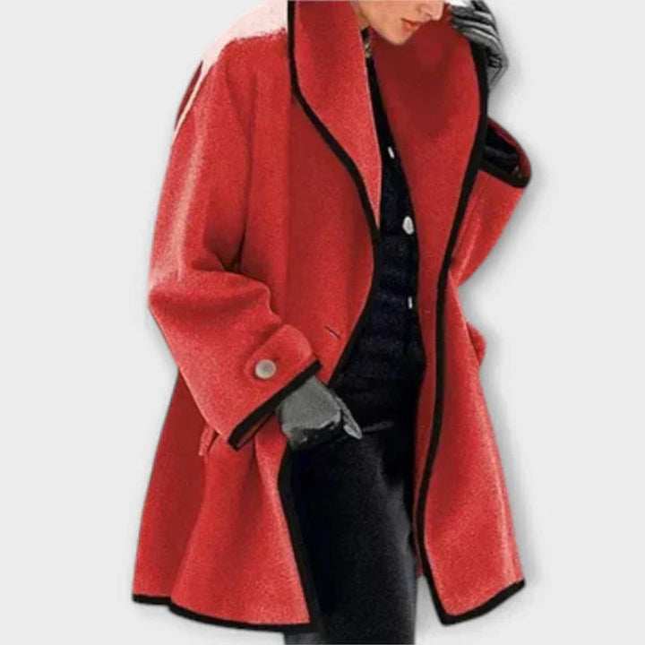 Dames Elegante Wijdvallende Wollen Women Coat Contrastbiezen - Rood