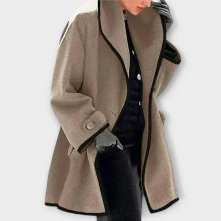 Dames Elegante Wijdvallende Wollen Women Coat Contrastbiezen - Khaki