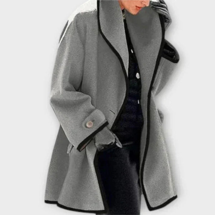 Dames Elegante Wijdvallende Wollen Women Coat Contrastbiezen - Grijs