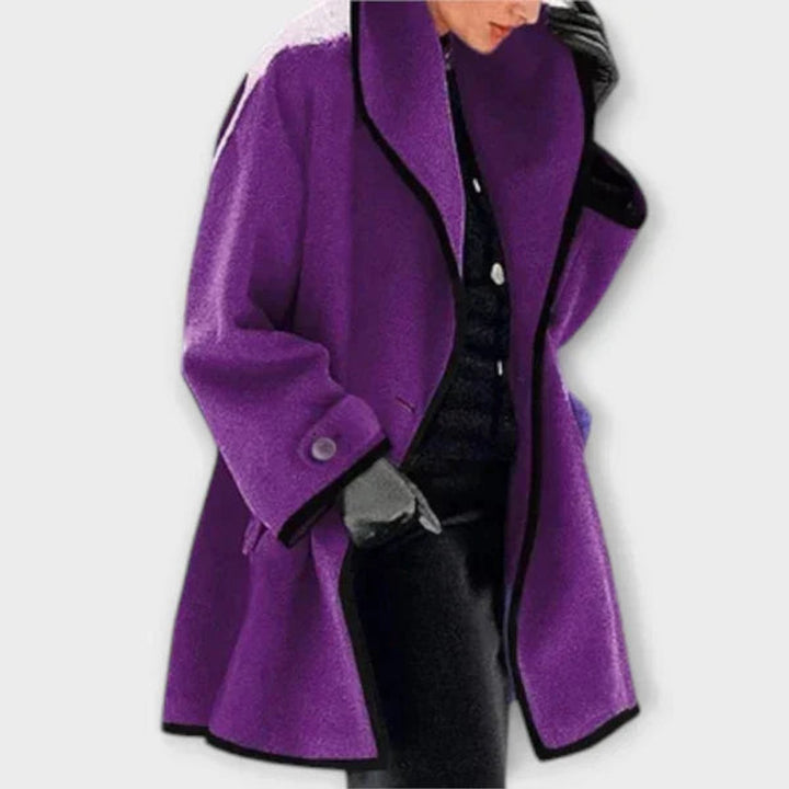 Dames Elegante Wijdvallende Wollen Women Coat Contrastbiezen - Lila