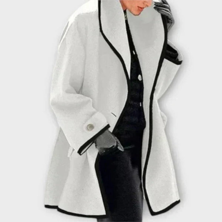 Dames Elegante Wijdvallende Wollen Women Coat Contrastbiezen - Wit