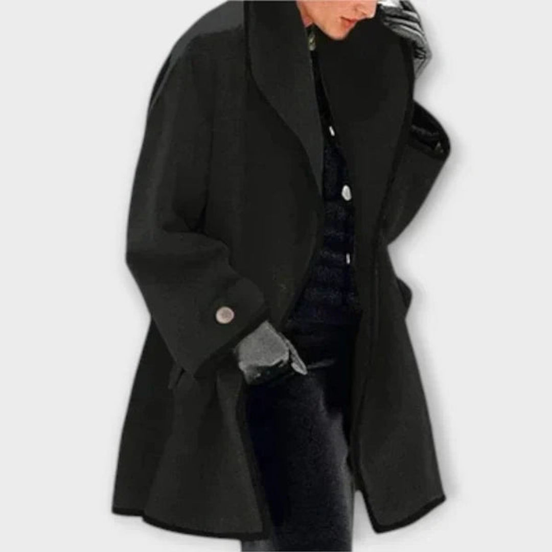 Dames Elegante Wijdvallende Wollen Women Coat Contrastbiezen - Zwart