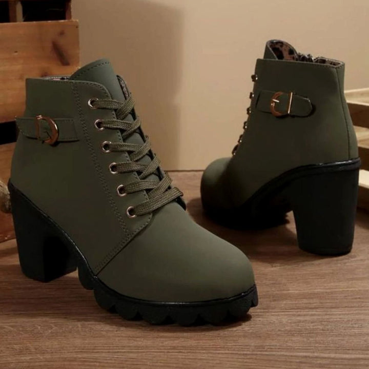 Dames Enkellaarsjes met Blokhak Vetersluiting Metalen Gesp - Olijfgroen