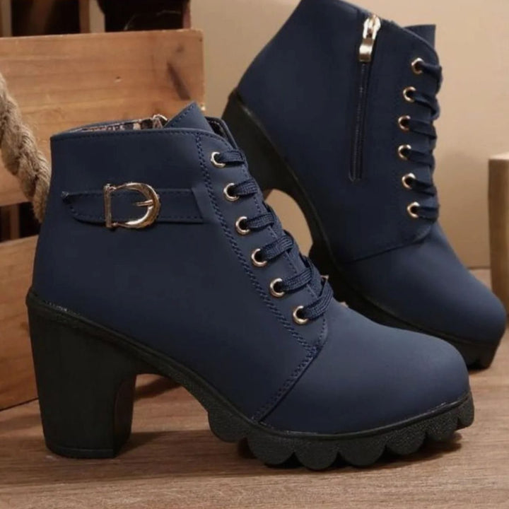 Dames Enkellaarsjes met Blokhak Vetersluiting Metalen Gesp - Blauw