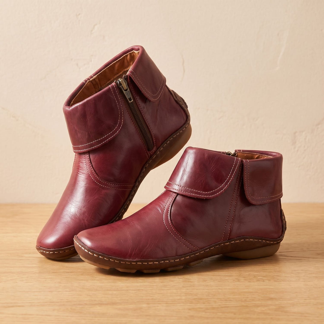 Dames Enkellaarsjes Platte Retro Leren Rits Booties - Rood