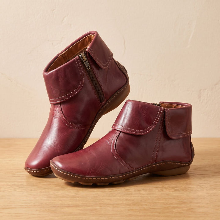Dames Enkellaarsjes Platte Retro Leren Rits Booties - Rood