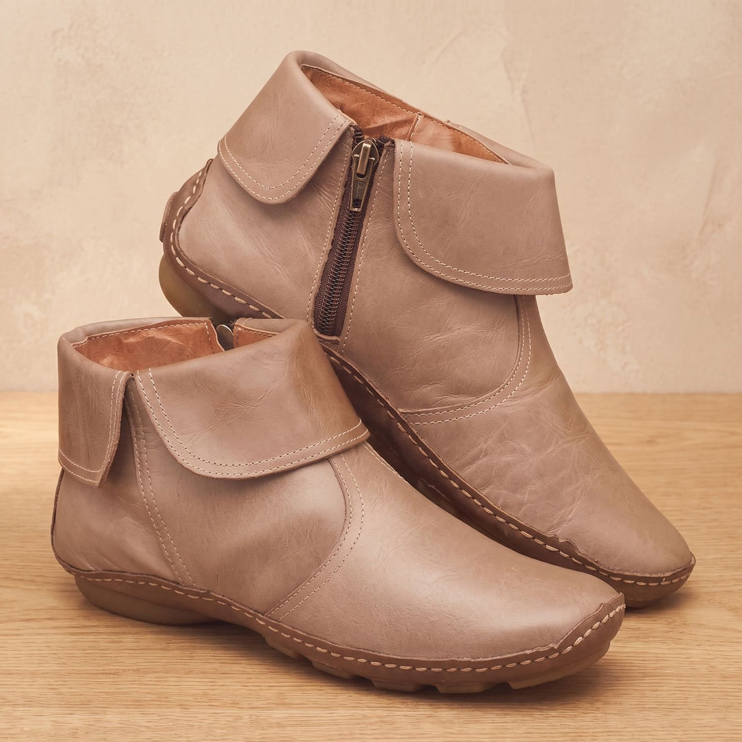 Dames Enkellaarsjes Platte Retro Leren Rits Booties - Beige