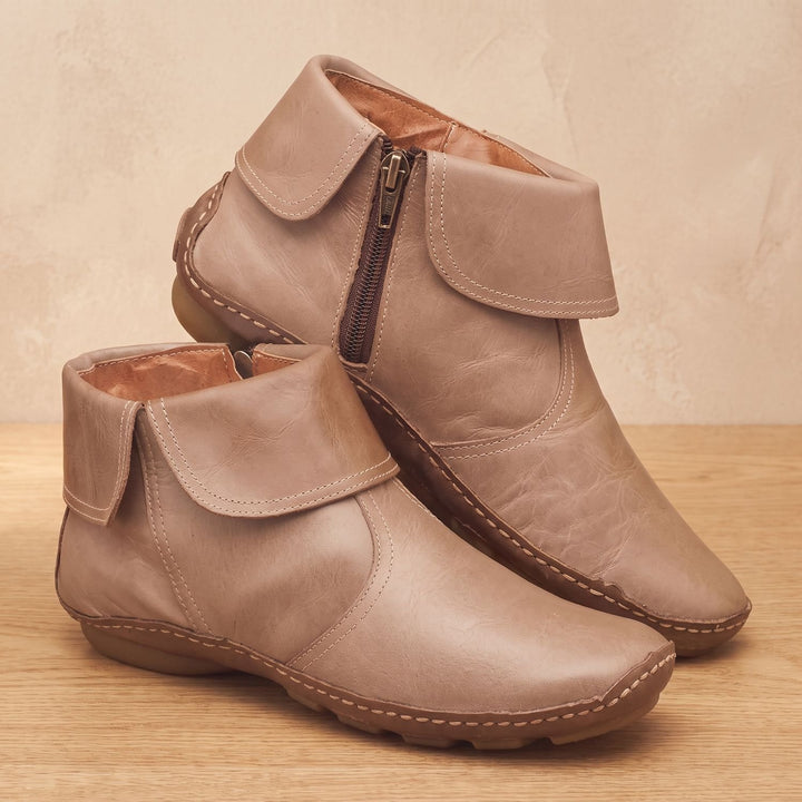 Dames Enkellaarsjes Platte Retro Leren Rits Booties - Beige