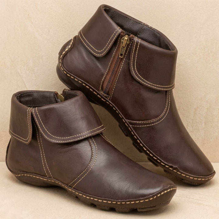 Dames Enkellaarsjes Platte Retro Leren Rits Booties - Bruin