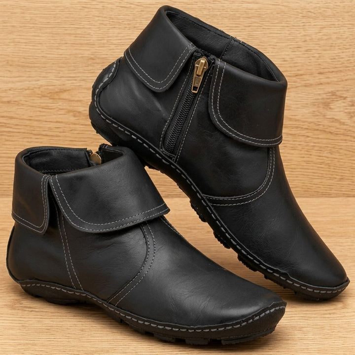 Dames Enkellaarsjes Platte Retro Leren Rits Booties - Zwart