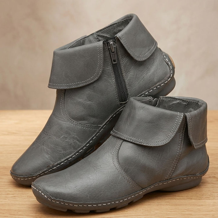 Dames Enkellaarsjes Platte Retro Leren Rits Booties - Grijs