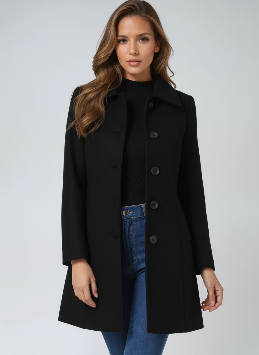 Dames Enkelrij Gevoerde Winterjas Midi-lengte Revers - Black
