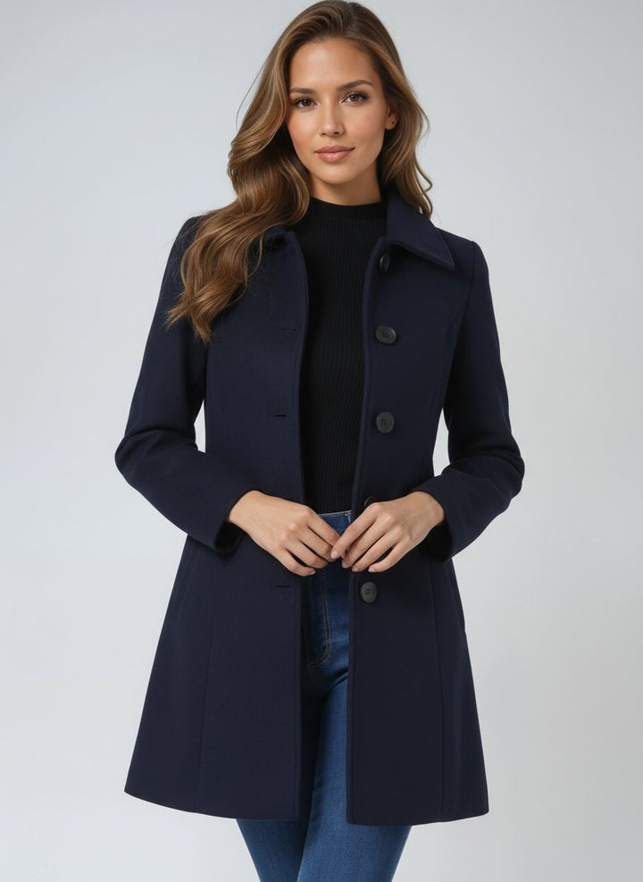 Dames Enkelrij Gevoerde Winterjas Midi-lengte Revers - Dark Blue