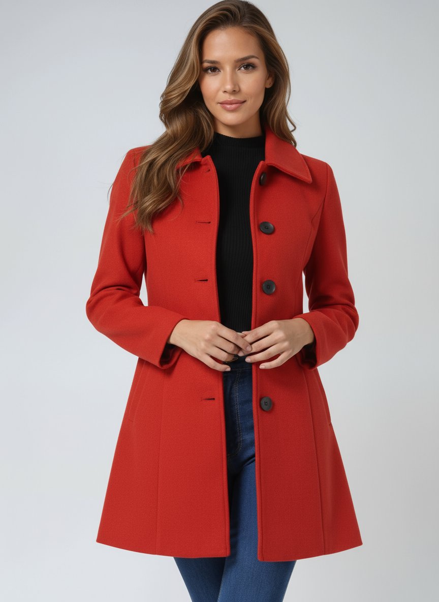 Dames Enkelrij Gevoerde Winterjas Midi-lengte Revers - Red