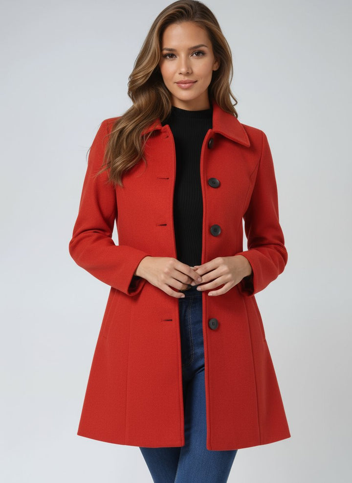 Dames Enkelrij Gevoerde Winterjas Midi-lengte Revers - Red