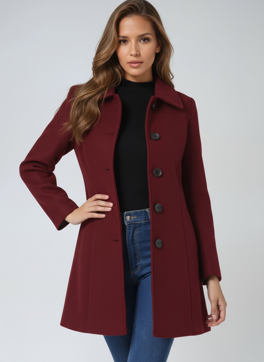 Dames Enkelrij Gevoerde Winterjas Midi-lengte Revers - Dark Red