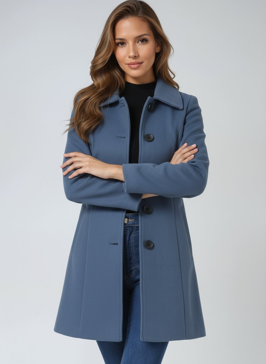 Dames Enkelrij Gevoerde Winterjas Midi-lengte Revers - Light Blue