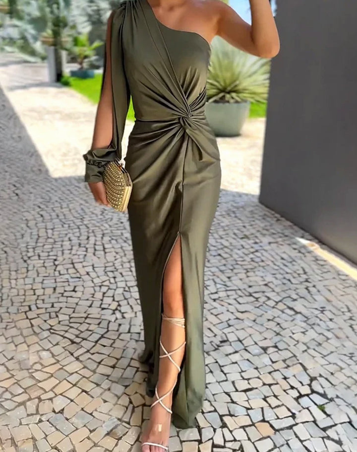Dames Eénschoudrige Maxi Avondjurk met Split en Gedrapeerde Taille