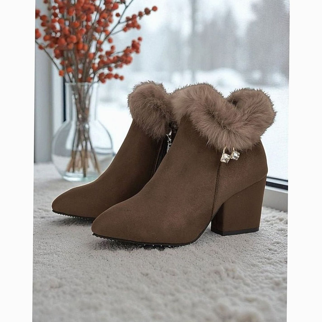 Dames Faux Fur Gevoerde Blokhak Enkellaarsjes met Rits - Bruin