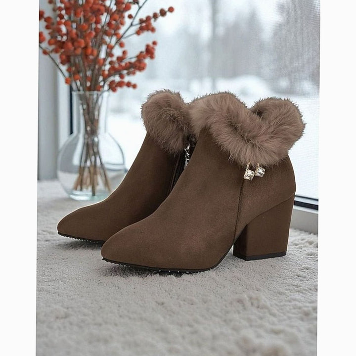 Dames Faux Fur Gevoerde Blokhak Enkellaarsjes met Rits - Bruin