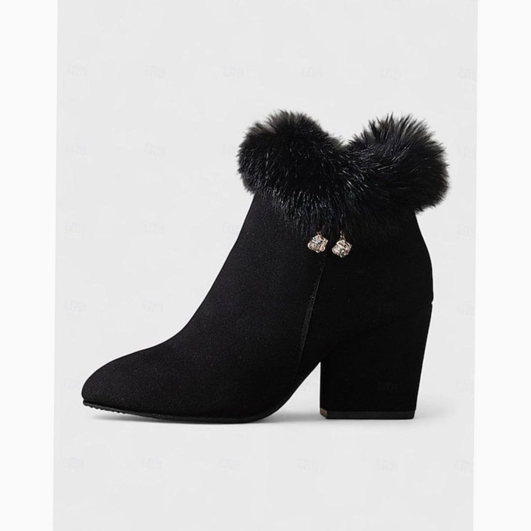 Dames Faux Fur Gevoerde Blokhak Enkellaarsjes met Rits - Zwart